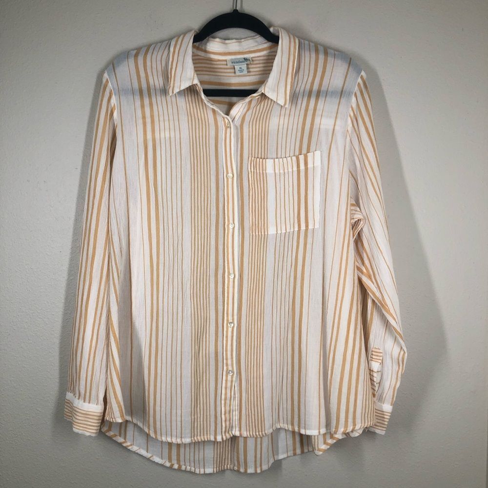 Sundance Crinkle Striped Long Sleeve Button Up Shirt Gauzy Yellow Cream Top XL